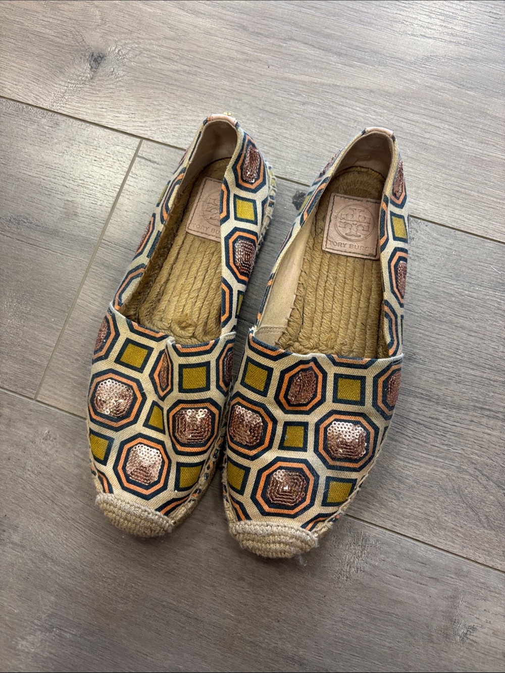 Geometric Espadrille Slip-Ons in Navy and Tan - Picture 3 of 8